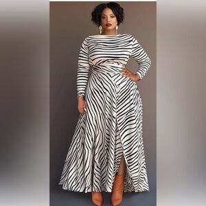 Women’s Long Sleeve Zebra Print Maxi Dress - Black & White